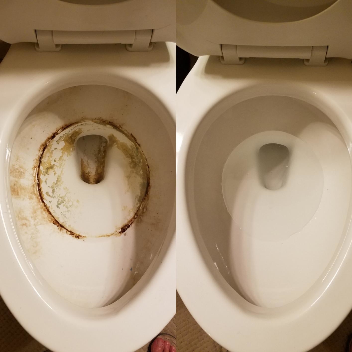 before: a reviewer&#x27;s mineral-stained toilet and after: the same toilet, no residual stains in sight