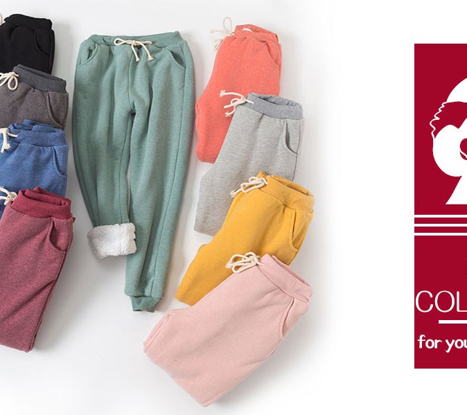 nine pairs of flygo fleece joggers in different colors