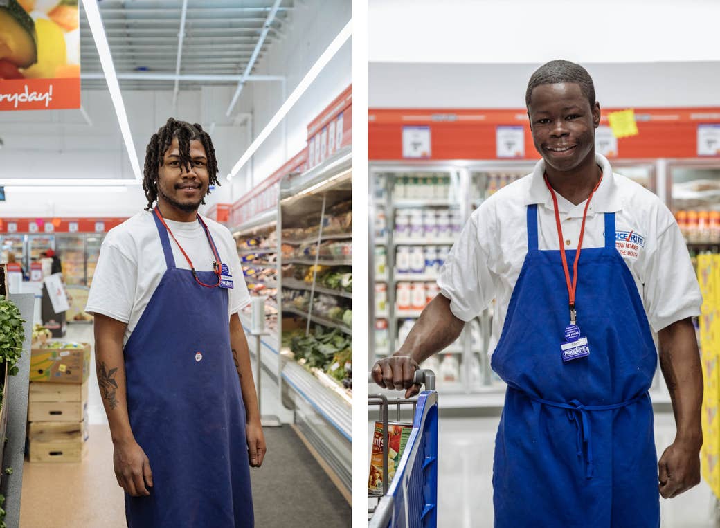 A split image of two men in Price Rite aprons in the grocery store