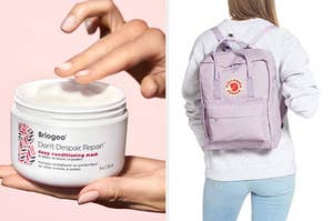 Briogeo Don't Despair, Repair! deep conditioning hair mask / A model wearing a Fjällräven backpack
