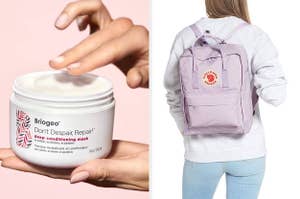Briogeo Don't Despair, Repair! deep conditioning hair mask / A model wearing a Fjällräven backpack