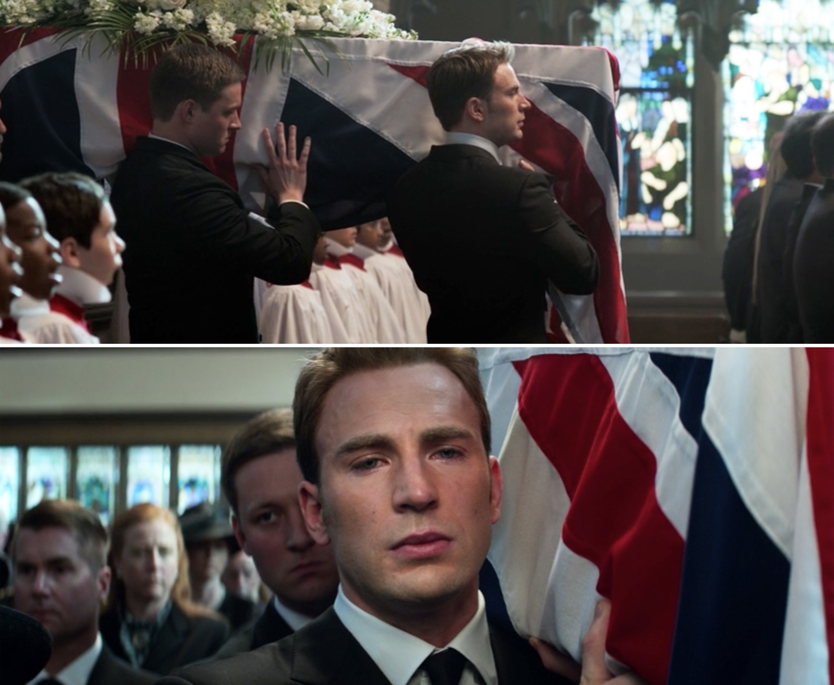 Steve crying while carrying Peggy&#x27;s casket