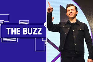 Splitscreen of purple graphic with THE BUZZ in white letters on the left side and a photo of Tom Hiddleston on the right side (CREDIT: GETTY)