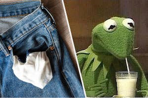 A turned-out jean pocket and Kermit drinking milk