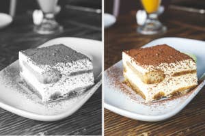 A black-and-white photo of tiramisu and an in color photo of it