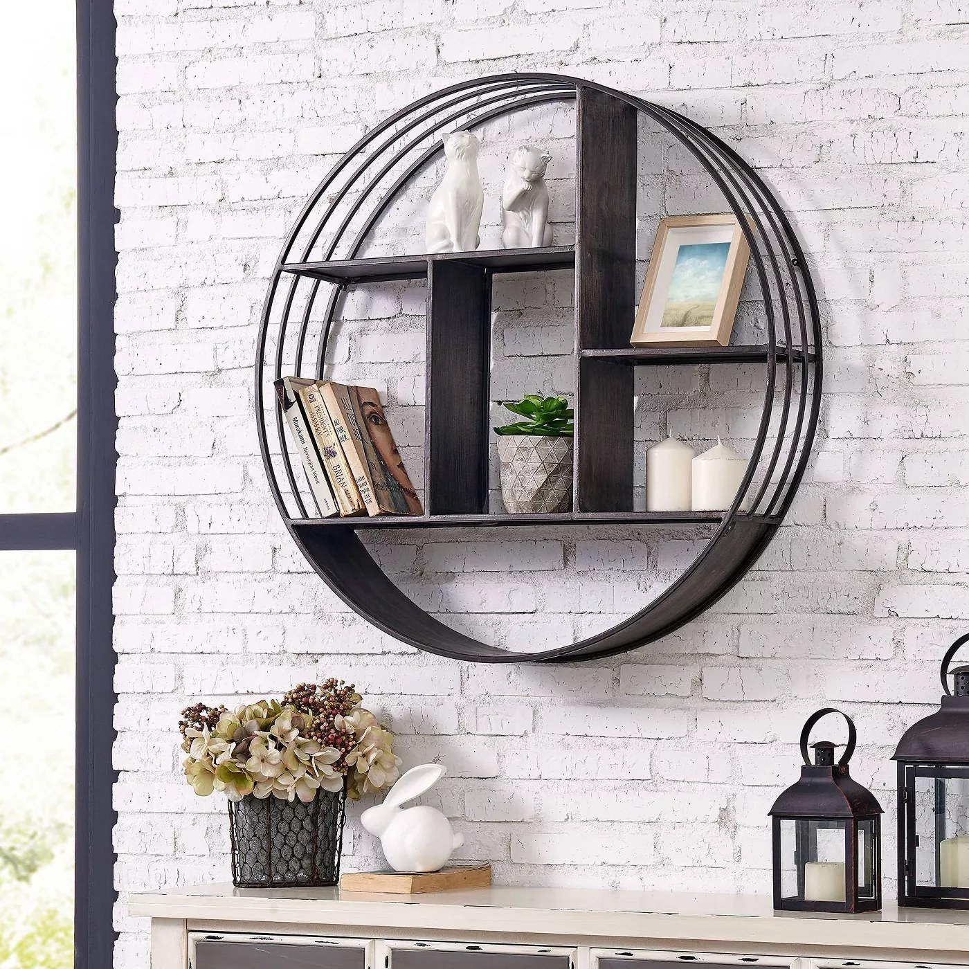 The circular shelf with several different compartments for storage