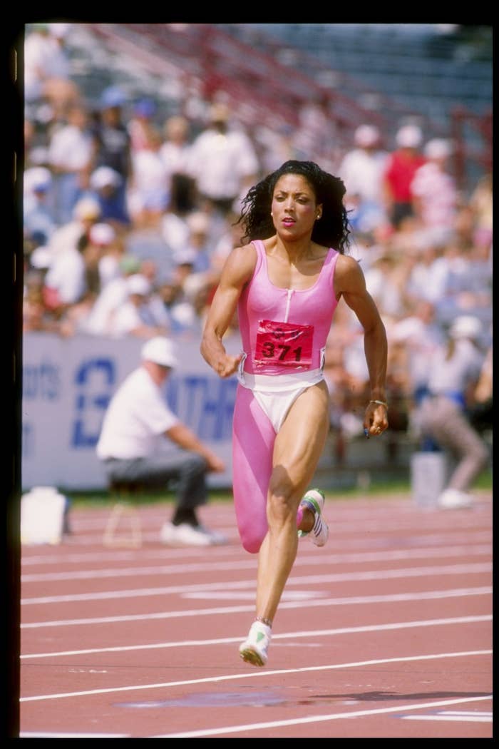 Florence Griffith-Joyner runs down the track. 