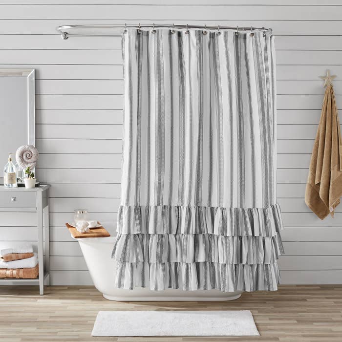 The striped, ruffled shower curtain