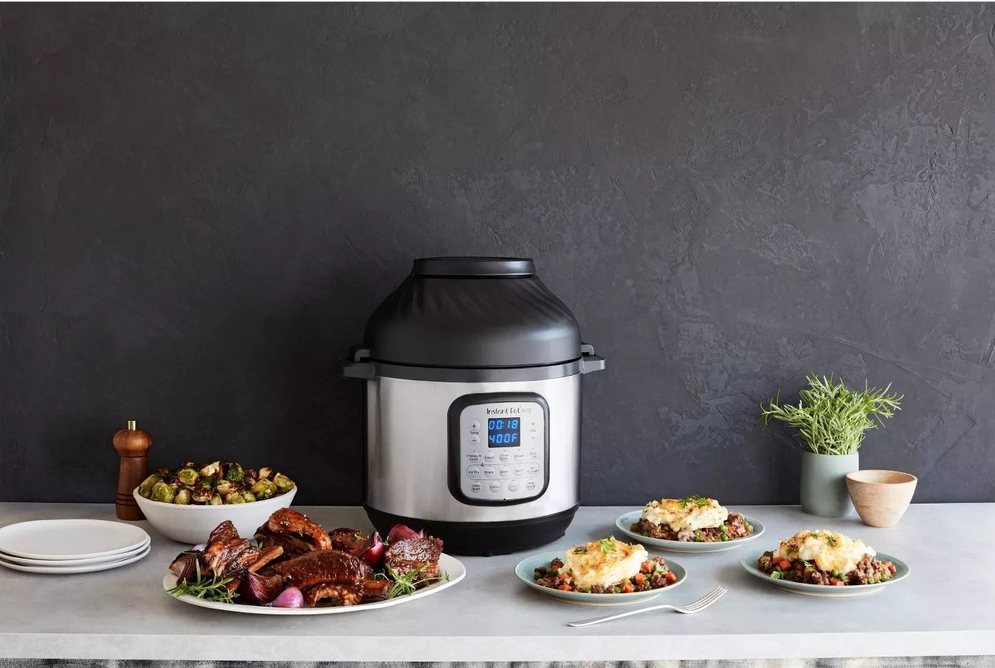 The Instant Pot and air fryer shown next to an entire meal