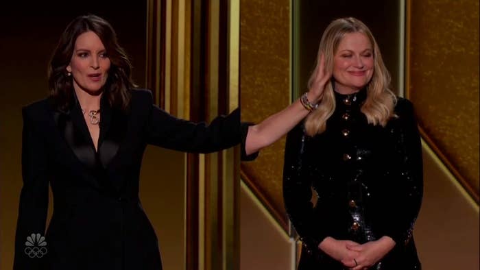 A split-screen image of Tina Fey and Amy Poehler in which Fey, in New York, pretends to be touching Poehler&#x27;s face but it is really the hand of someone in Los Angeles