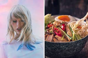 The art for Taylor Swift's album "Lover" and a bowl of ramen soup with meat and egg in it.