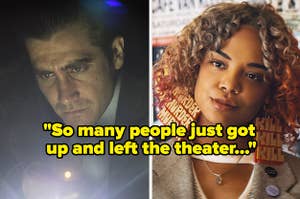 Jake Gyllenhaal in "Prisoners" side by side with Tessa Thompson in "Sorry To Bother You" with text reading, "So many people just got up and left the theater"