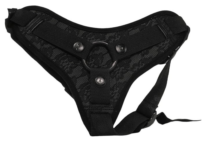 The harness, which has a black lace print fabric as its backing