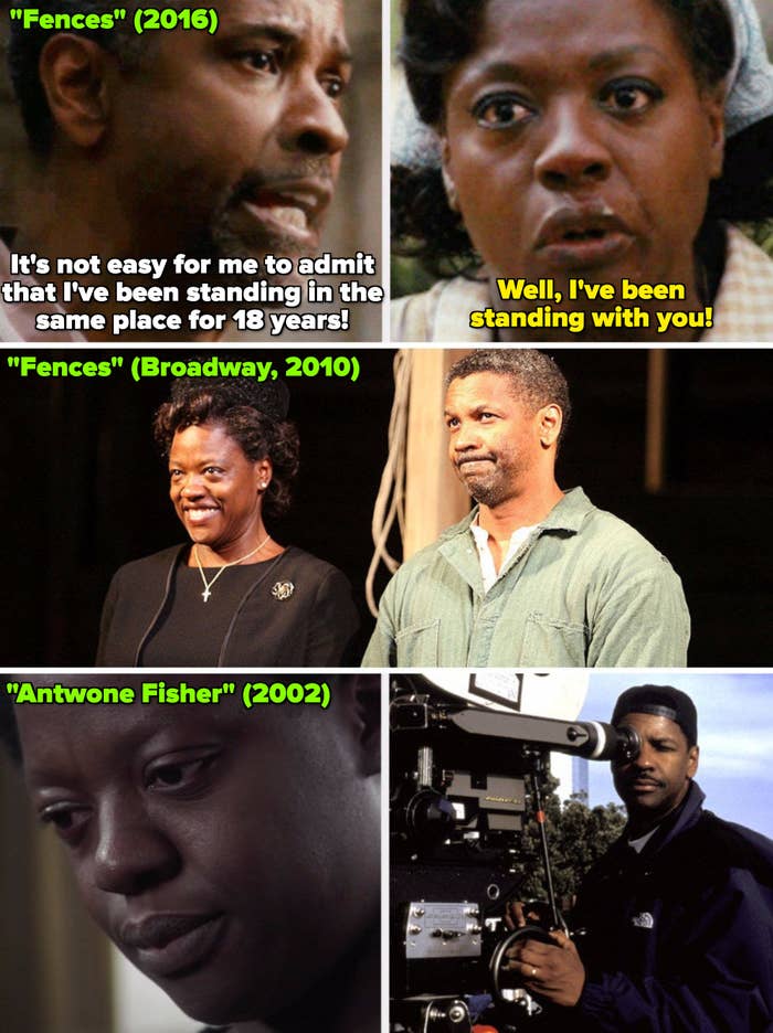 Viola and Denzel in "Fences" (movie); Viola and Denzel in "Fences" on Broadway, and Denzel directing Viola in "Antwone Fisher" (2002)