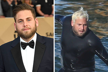 Jonah Hill on the red carpet next to an image of him surfing