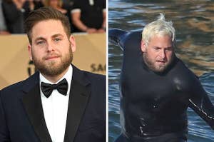 Jonah Hill on the red carpet next to an image of him surfing