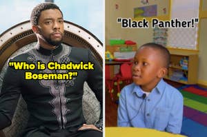 Chadwick Boseman side by side with a child recognizing him as Black Panther