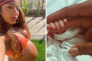 Victoria posing for a selfie with her baby bump next to a picture of her baby's hand