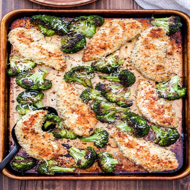 Sheet pan Parmesan chicken breast and broccoli.
