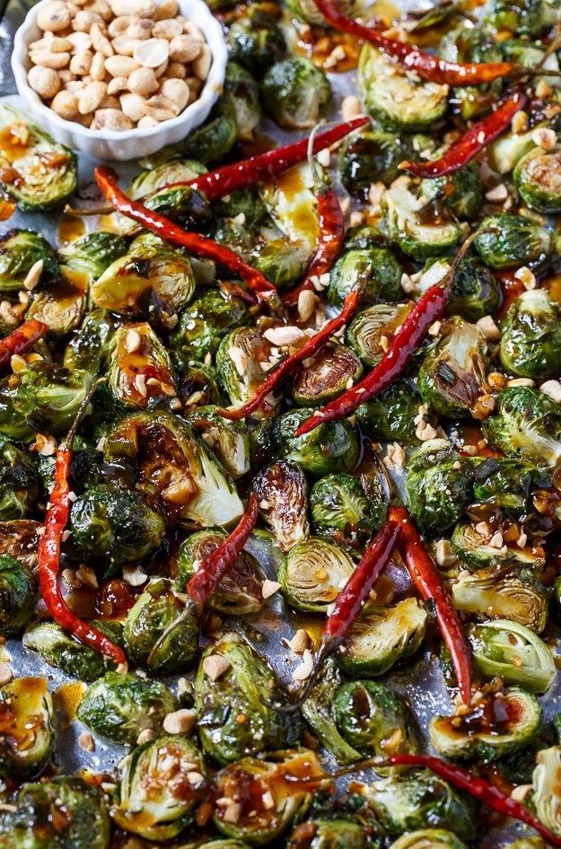 Sheet pan kung pao Brussels sprouts.