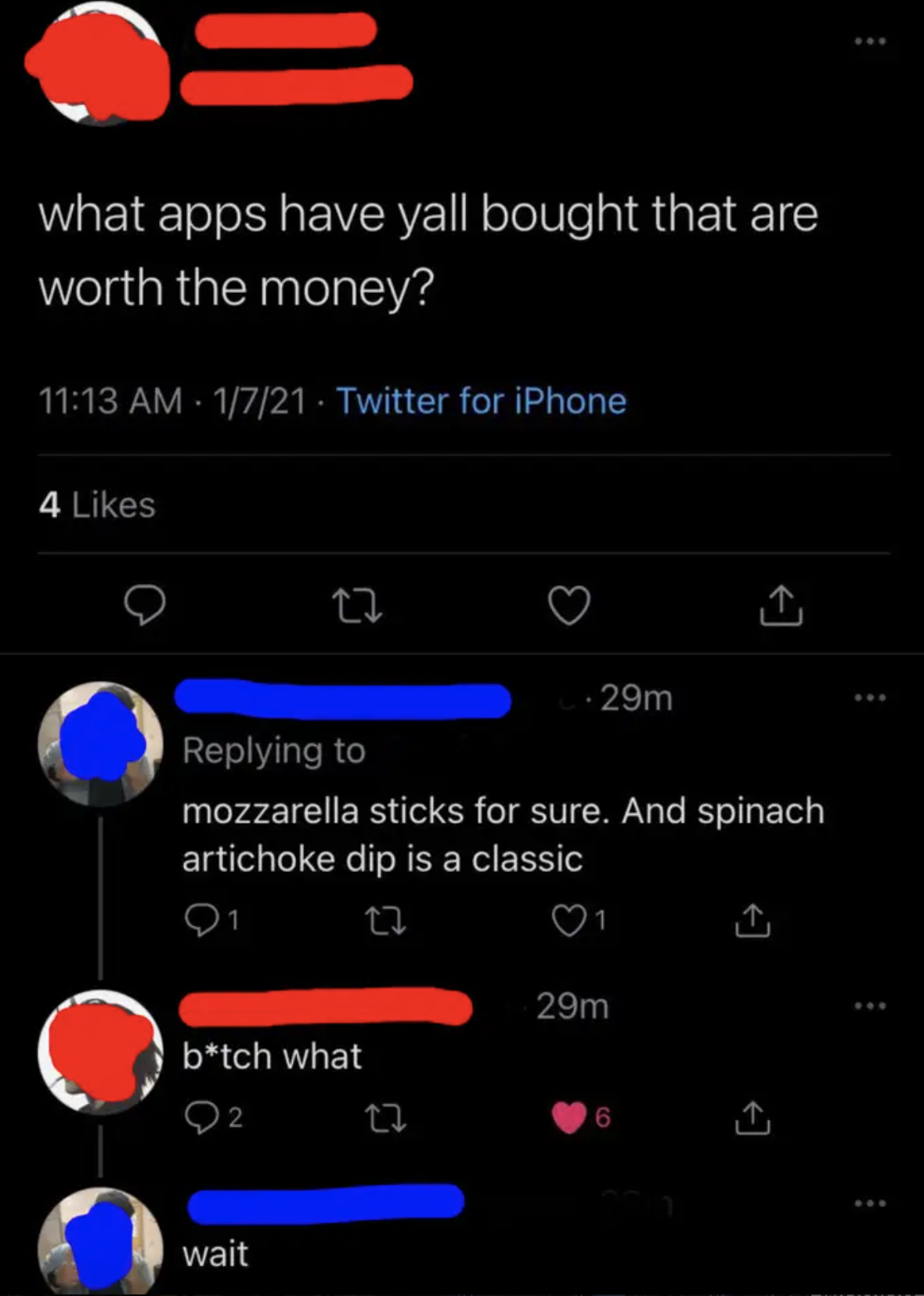 tweets about someone asking about what apps are worth it and the other person thinks they mean food