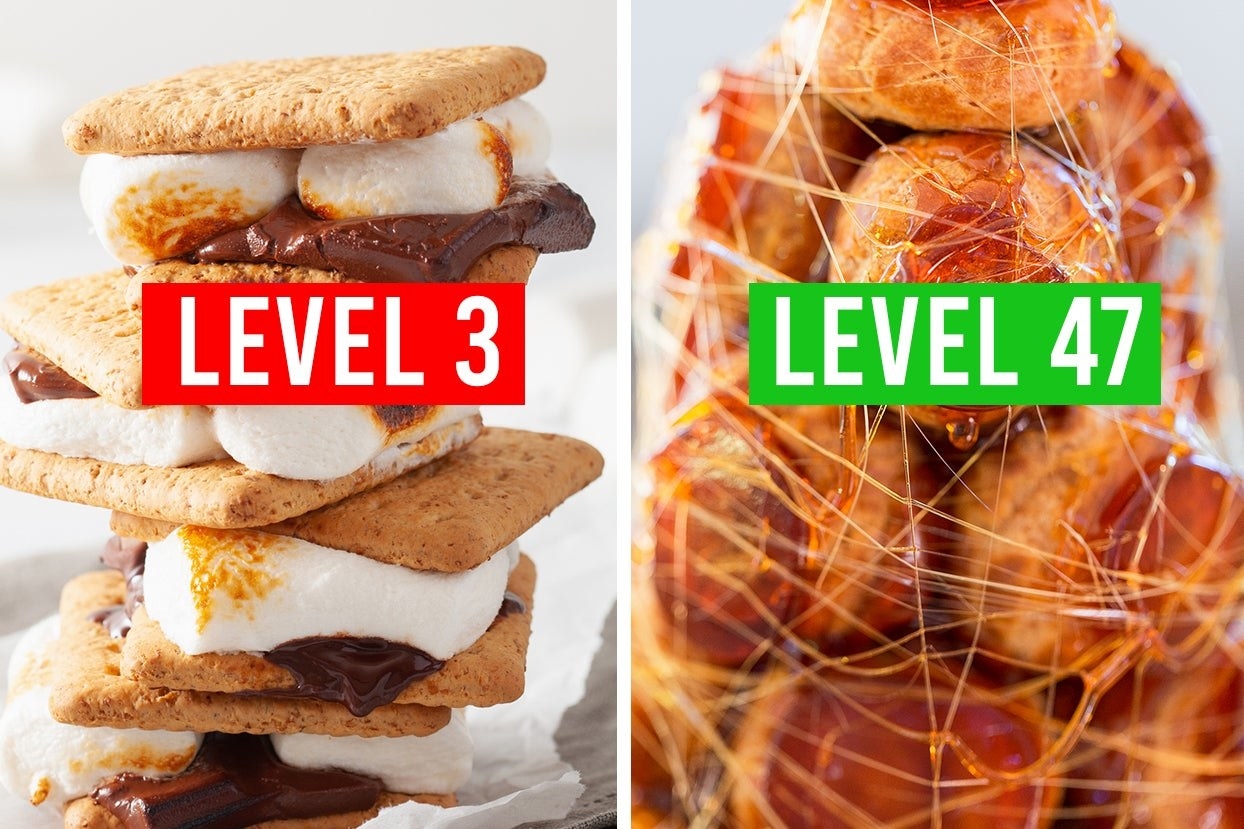 S&#x27;mores stack with the words &quot;Level 3&quot; and Croquembouche with the words &quot;level 47&quot; 