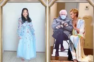 Lana Condor in a bright blue gown, smiling, side by side with Cynthia Nixon talking to a cutout of Bernie Sanders