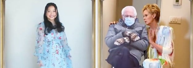 Lana Condor in a bright blue gown, smiling, side by side with Cynthia Nixon talking to a cutout of Bernie Sanders