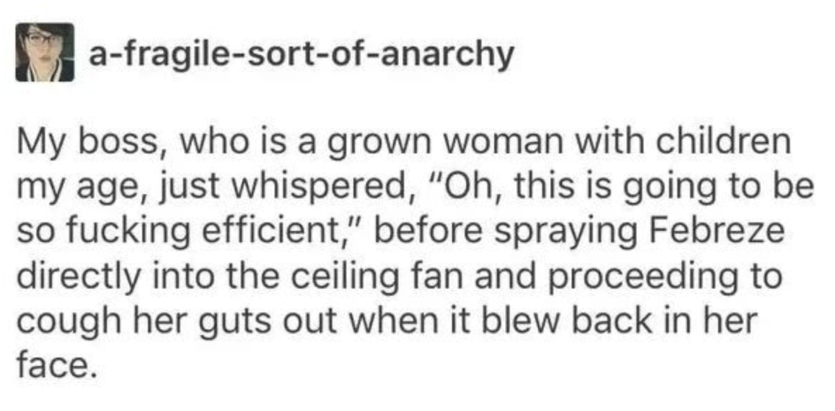 tumblr post about someone spraying febreze into a fan and it immediately making them sick