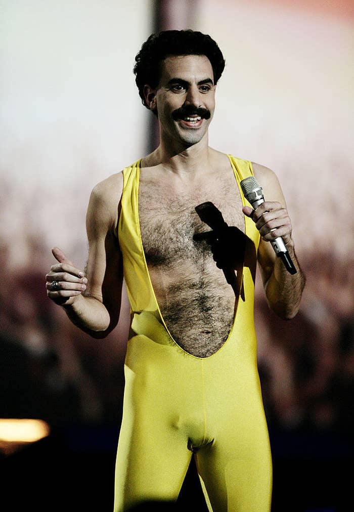 Borat in an extremely lowcut unitard