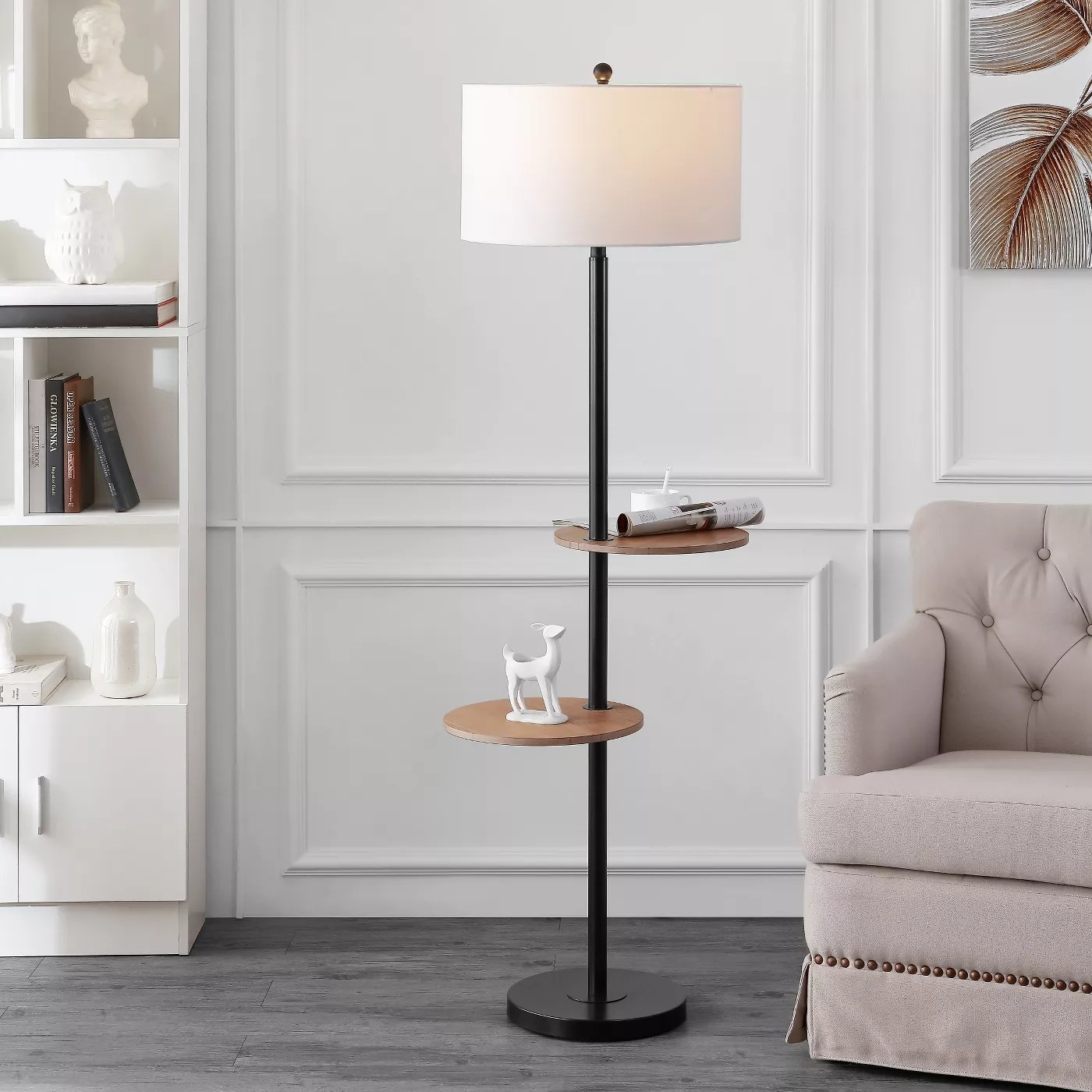 The floor lamp with two shelves