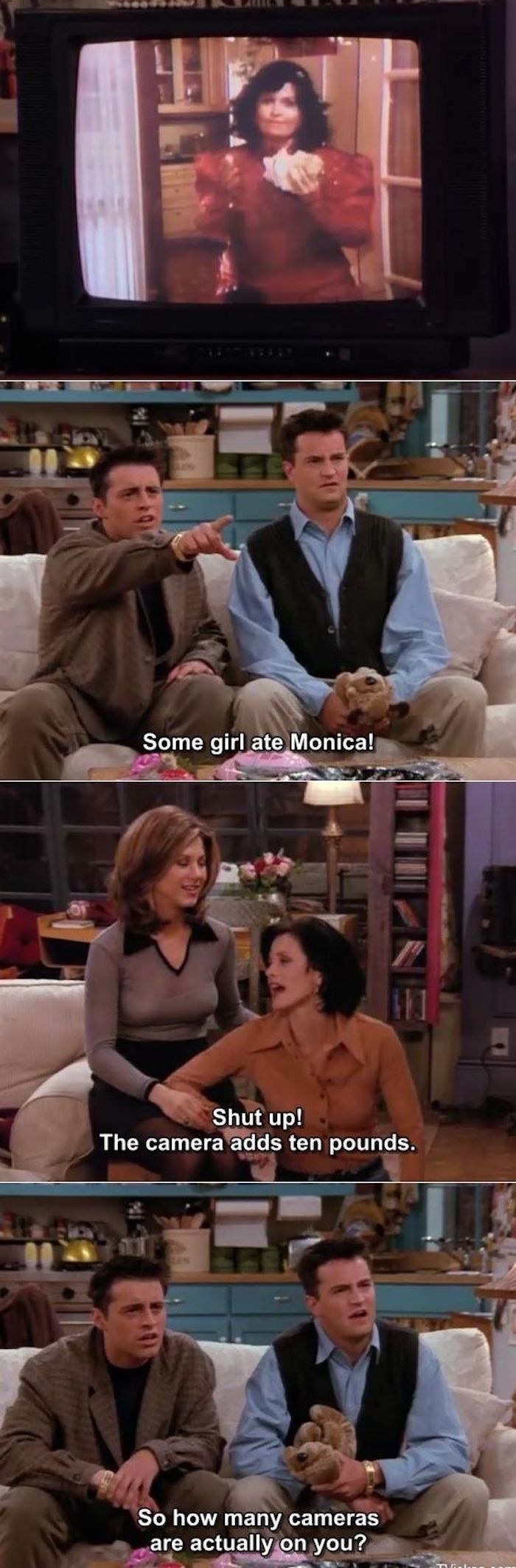 Monica telling Joey and Chandler the camera adds 10 pounds after they made fun of her weight as a high schooler; Chandler&#x27;s response: &quot;So how many cameras are actually on you?&quot;