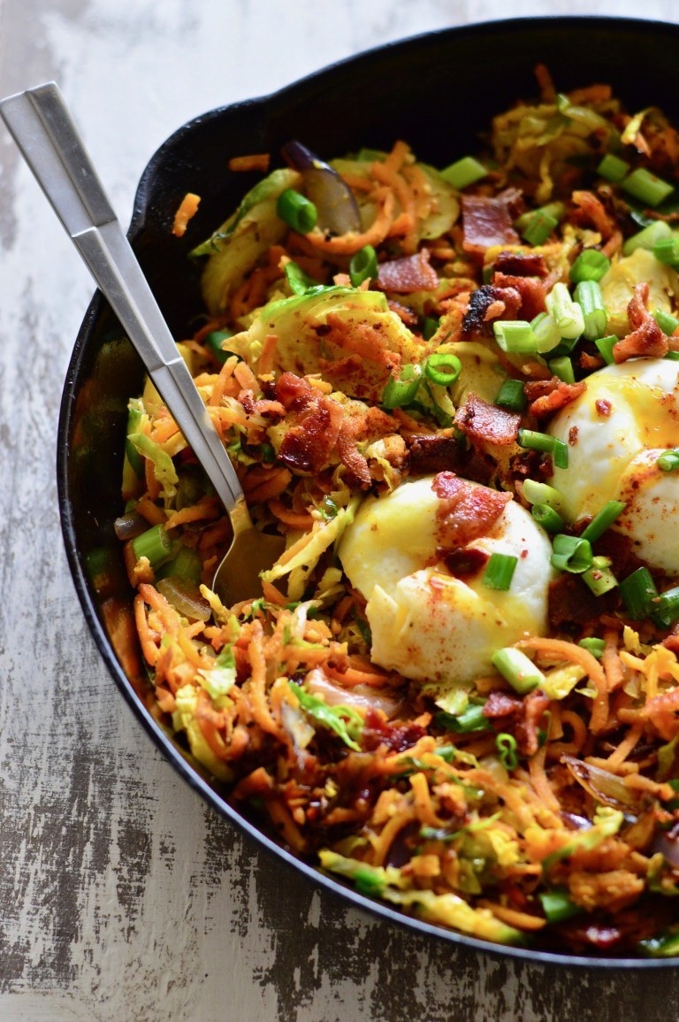 A Brussels sprouts and sweet potato hash skillet.