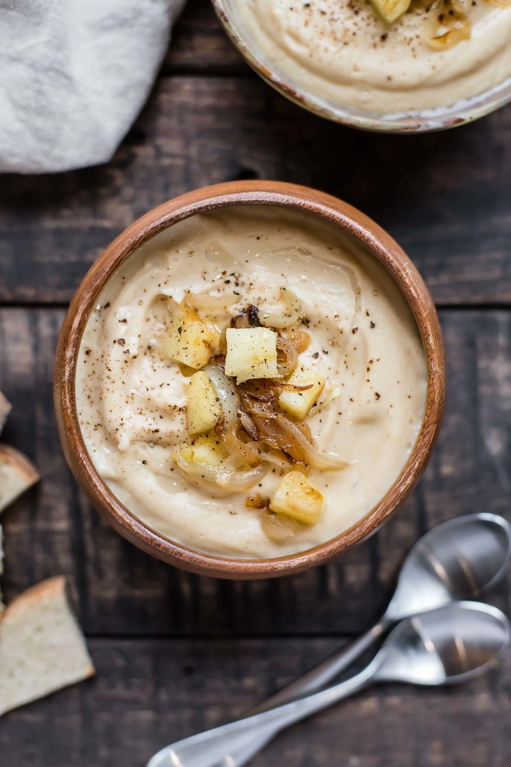 Cauliflower and Parsnip Soup with Caramelized Onions and Apples