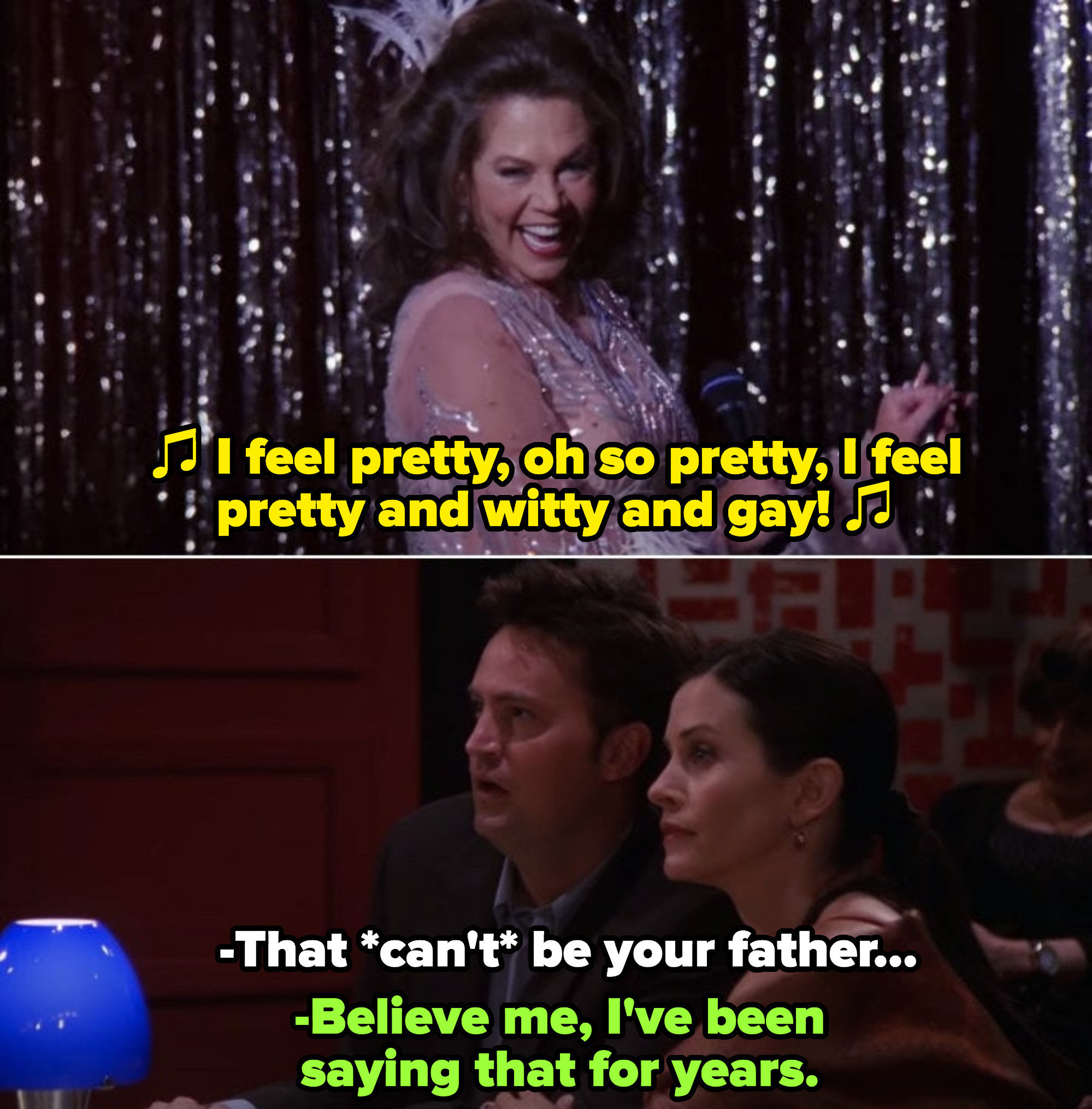 Chandler and Monica visiting Chandler&#x27;s dad&#x27;s drag show in Las Vegas, Chandler embarrassed and in disbelief by her