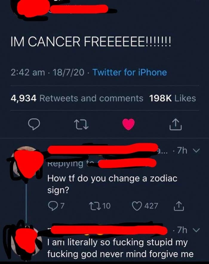 twitter conversation about someone being cancer free and the other person thinking they mean the zodiac sign