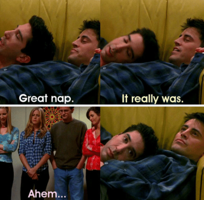 Joey and Ross getting &quot;caught&quot; taking a nap by Phoebe, Rachel, Chandler, and Monica on Joey&#x27;s couch