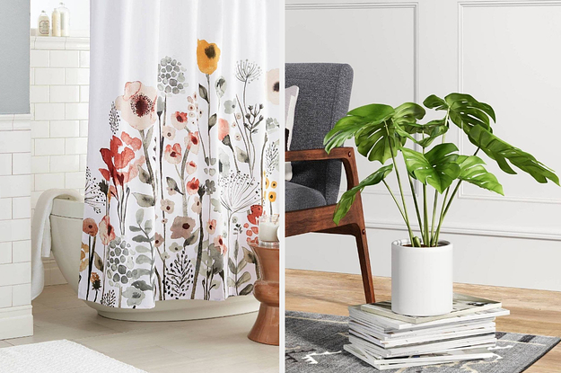 Floral shower curtain and potted artificial plant