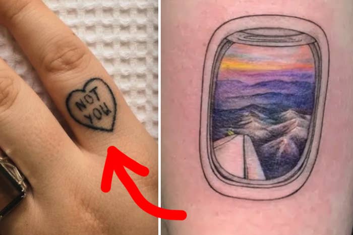 Heart tattoo with the words "not you" and view from plane window colorful tattoo