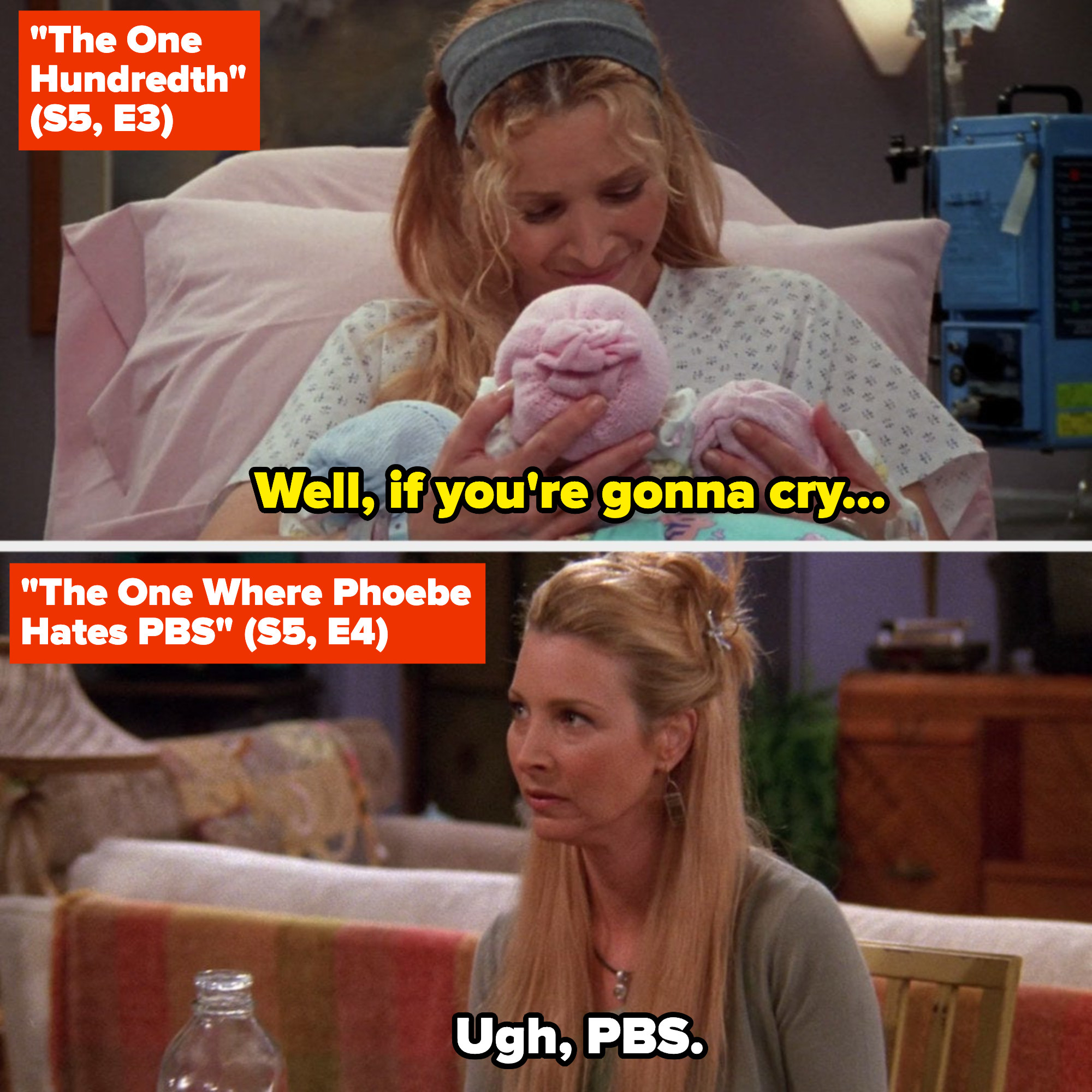 Phoebe holding the triplets in the hospital room, crying; the next episode, Phoebe hating on PBS