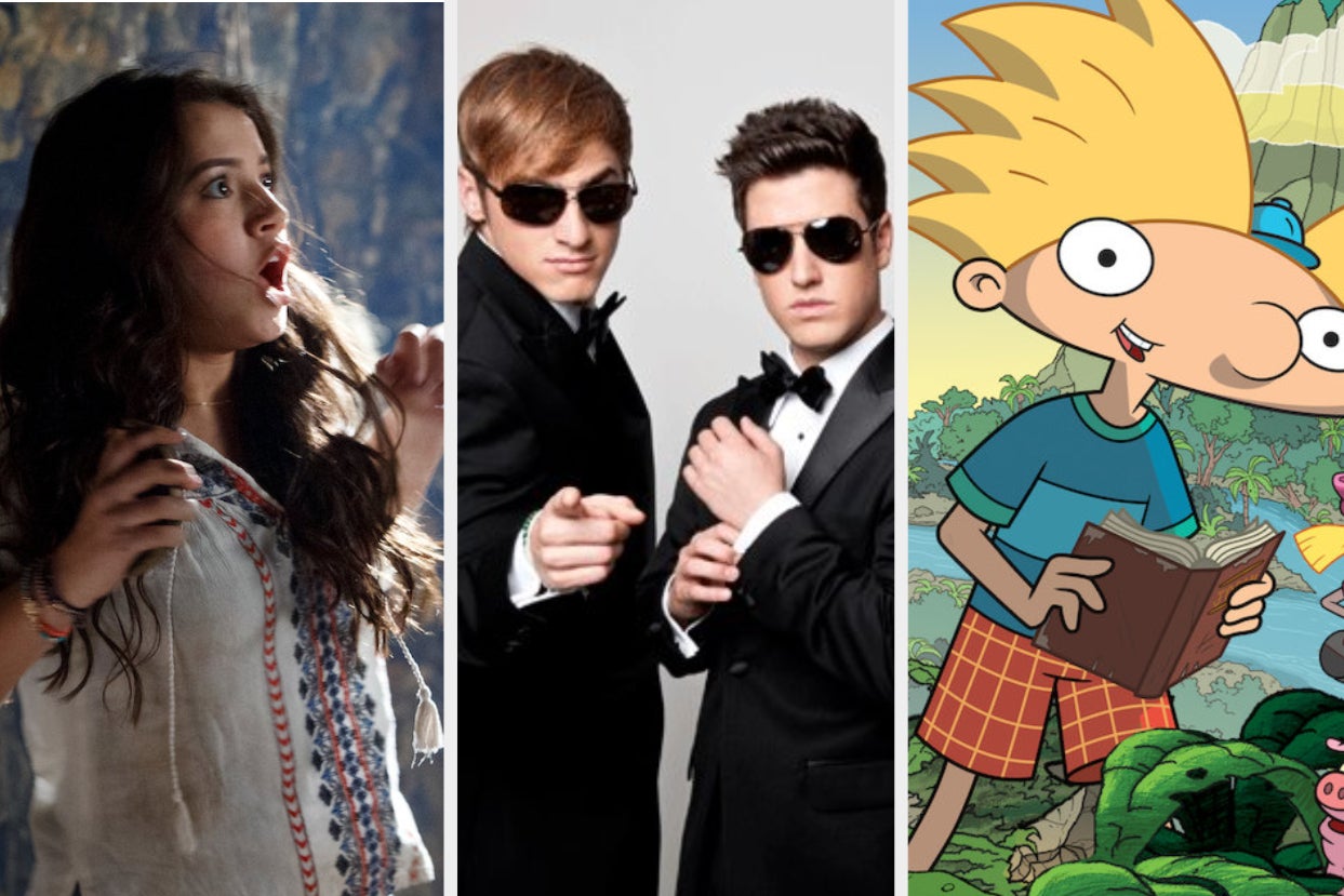 the big time rush guys dressed up as spies next to arnold from hey arnold