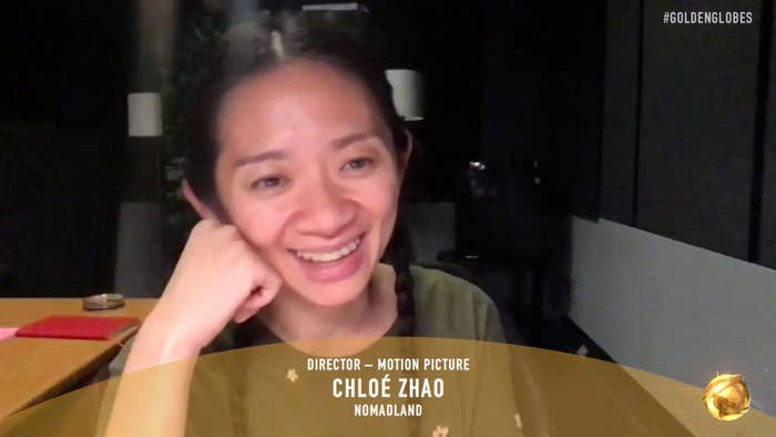 Chloé Zhao smiling over zoom after her win