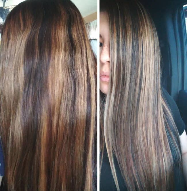 before/after of customer's hair. before photo shows orange-toned highlights and after shows less brassy coloring.