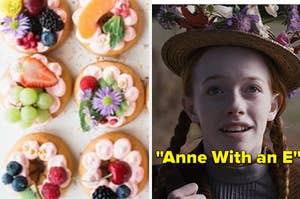 Various pastries with fruit on top and Amybeth McNulty as Anne Shirley in the show "Anne with an E."