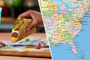 A person holding a taco bell taco next to a map of the united states 