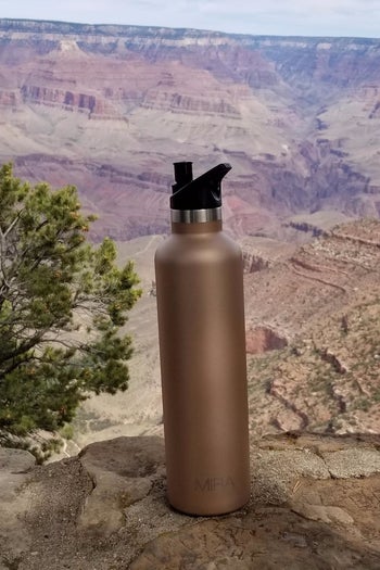 reviewer's champaign colored water bottle outside in the mountains