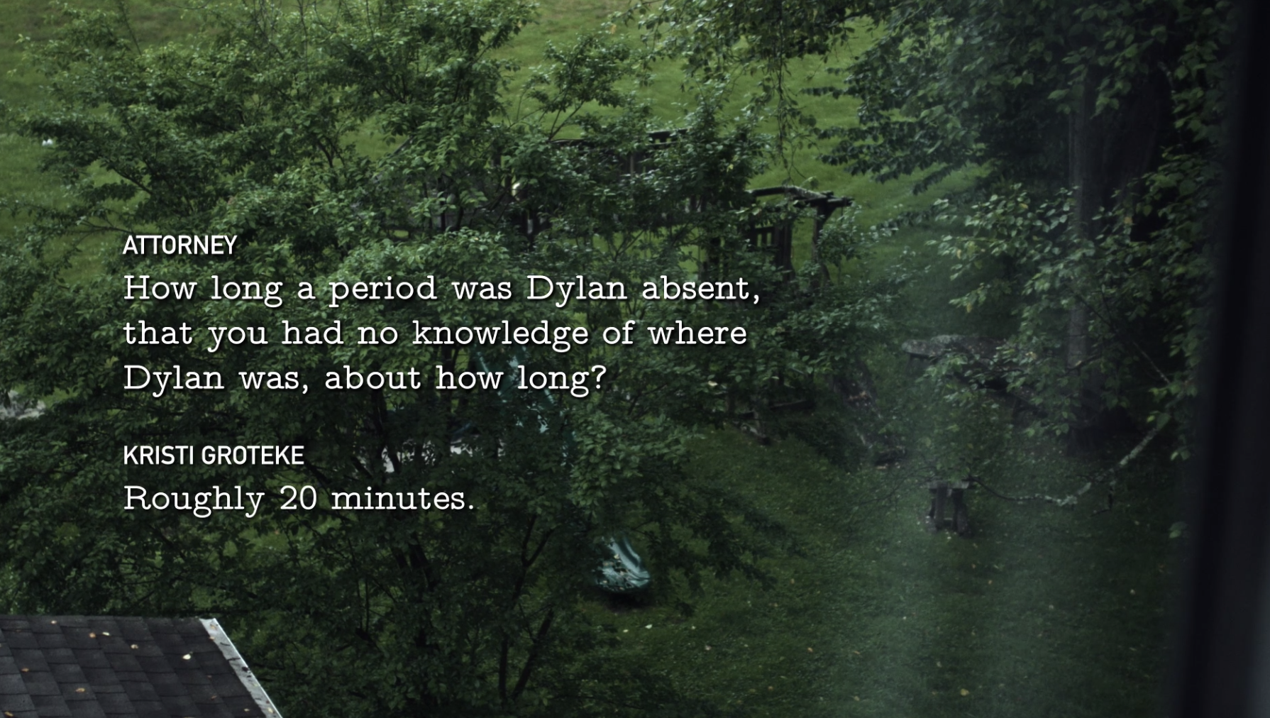 Title card of Kristi Groteke talking to an attorney about Dylan missing for 20 minutes 