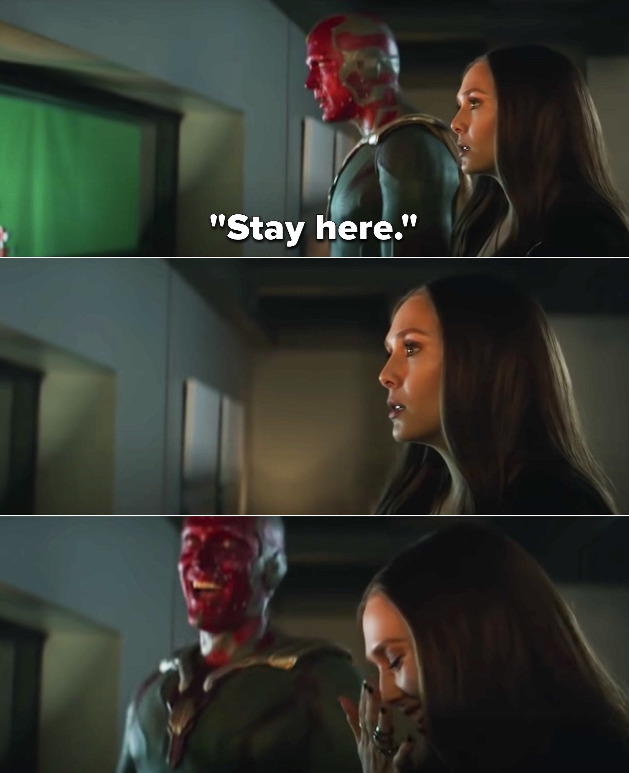 Paul Bettany as Vision saying, &quot;Stay here,&quot; and then crouching down, and Elizabeth starting to laugh