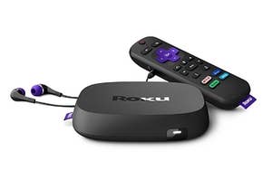 The Roku, and remote, shown with headphones plugged in.