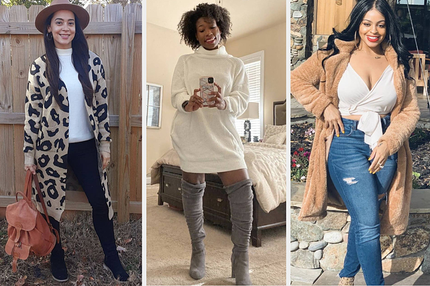on left reviewer wearing leopard print cardigan, in middle reviewer wearing white sweater dress, and on right reviewer wearing tan plush jacket